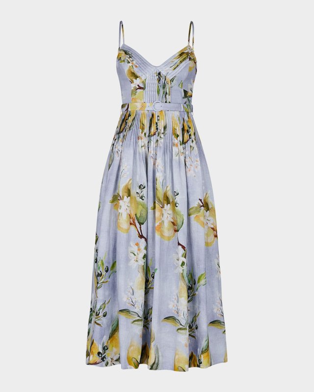 Mireille Pintuck Floral-Print Linen Midi Dress
